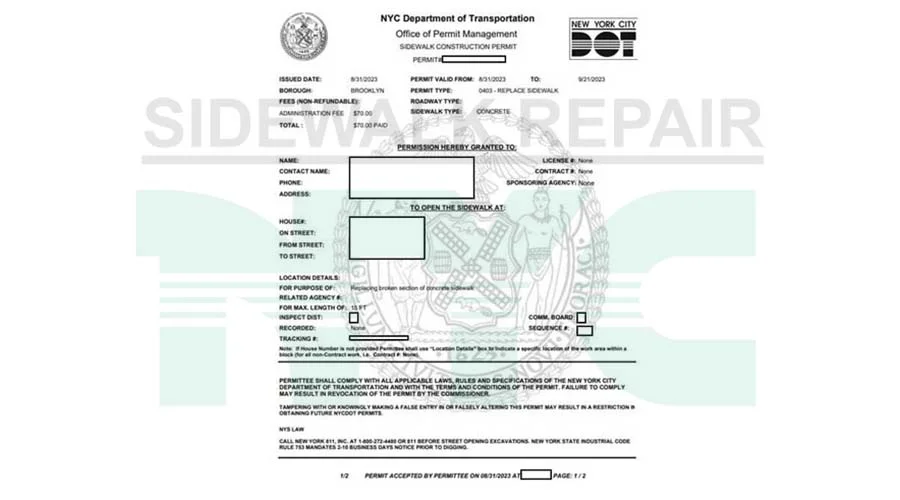 NYC sidewalk repair permit from DOT