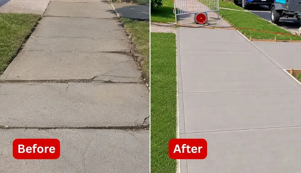before and after view of tree root damaged sidewalk repair in bayside queens