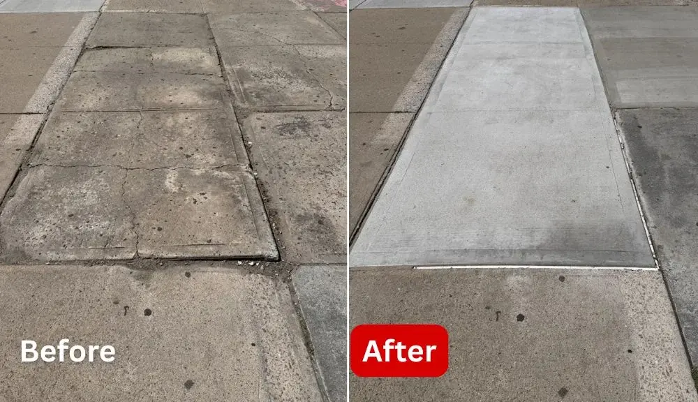 before and after view of damaged sidewalk slabs replaced at malcolm x boulevard in harlem