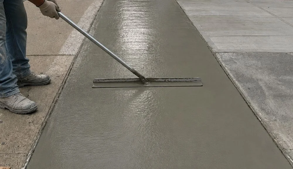 worker leveling fresh concrete during sidewalk slab replacement in harlem manhattan