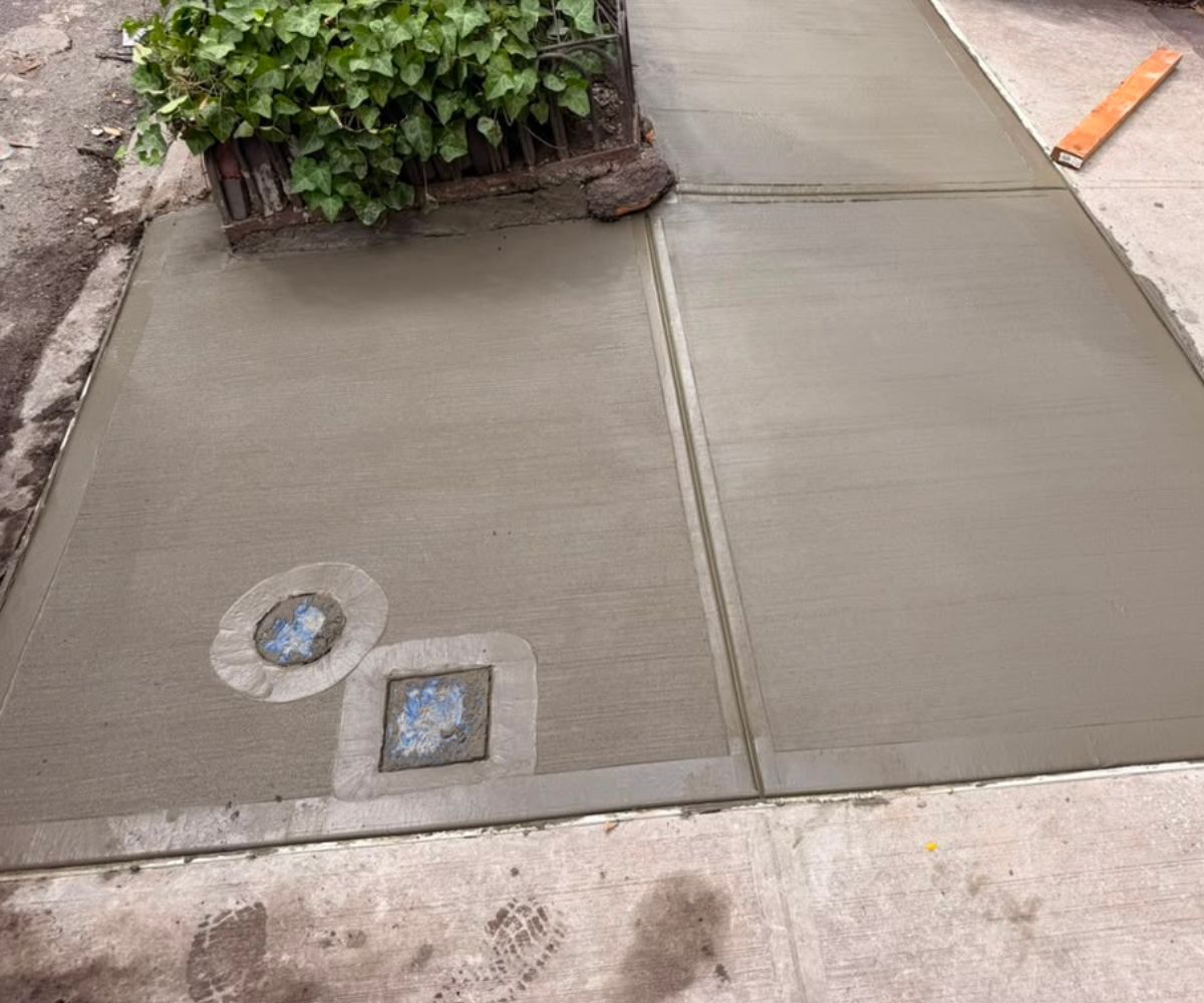 Newly replaced concrete sidewalk slabs after tree root damage repair at a residential property in Murray Hill, NYC.