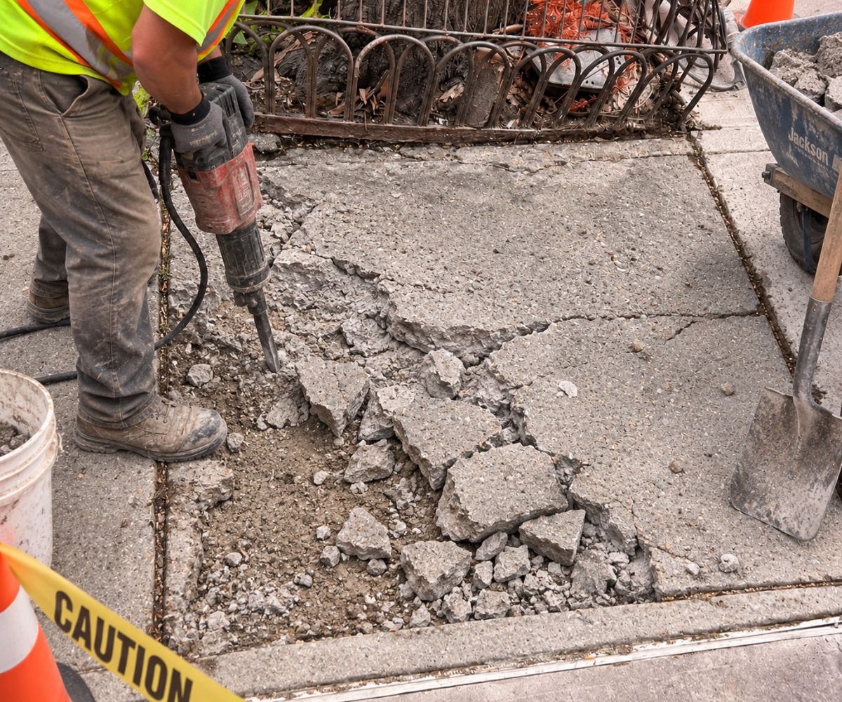 Construction worker removing damaged concrete sidewalk slabs during a tree root sidewalk repair project in Murray Hill, NYC.