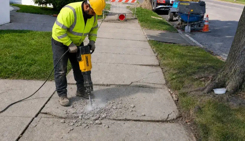 worker breaking up damaged concrete sidewalk before replacement in bayside queens