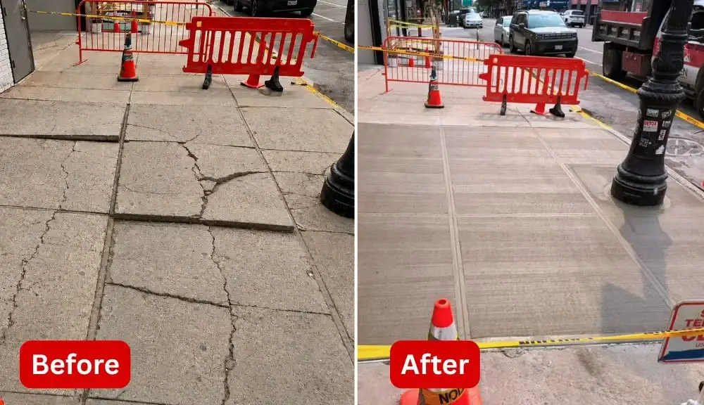 before and after view of damaged sidewalk flags replaced with new concrete in maspeth queens
