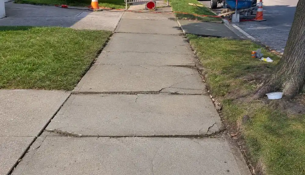 cracked and raised concrete sidewalk flags damaged by tree roots in bayside queens