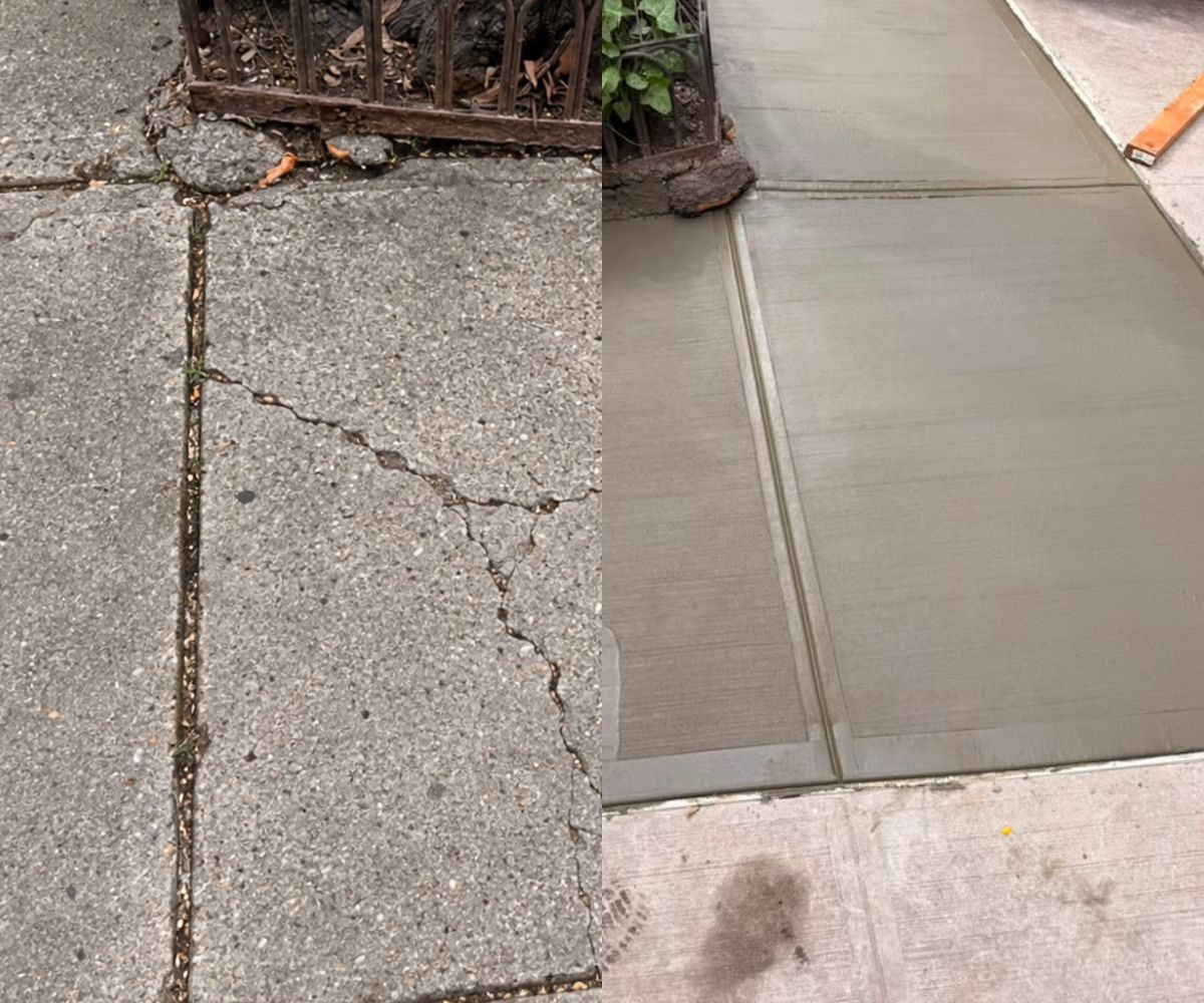 Before and after view of a tree root-damaged sidewalk showing cracked concrete slabs replaced with new concrete in Murray Hill, NYC.