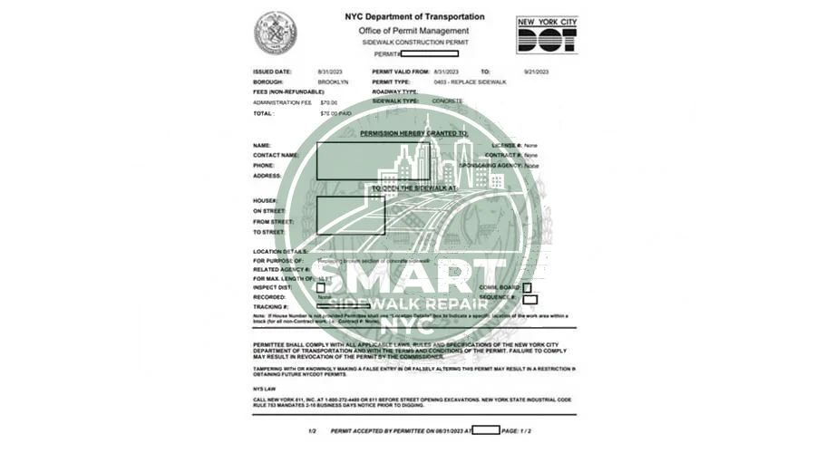 NYC sidewalk repair permit from DOT
